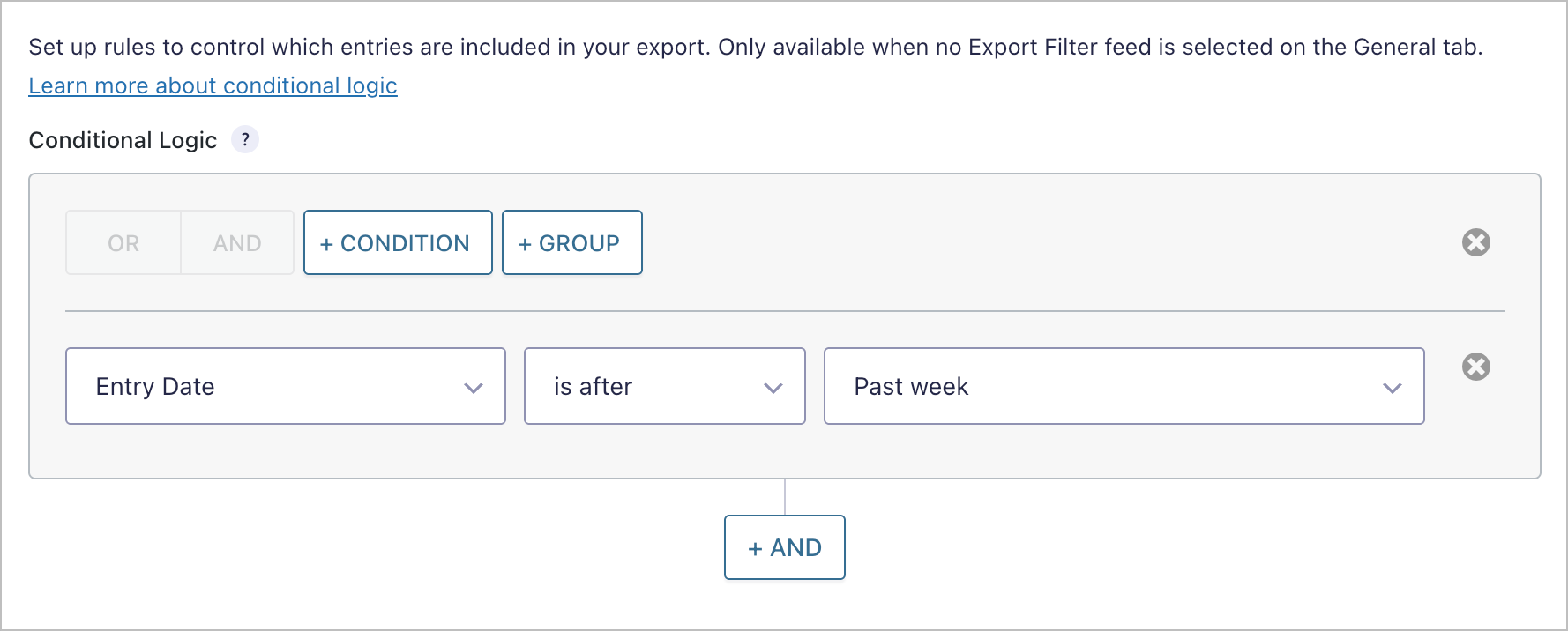 The Conditional Logic tab with an Entry Date filter set to export entries from the past week
