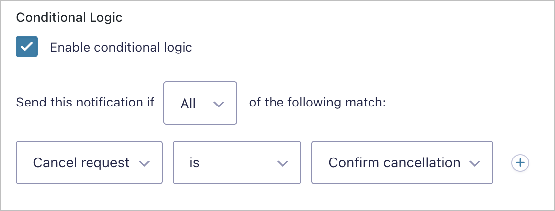 Conditional Logic configured to send the notification when Cancel request is Confirm cancellation