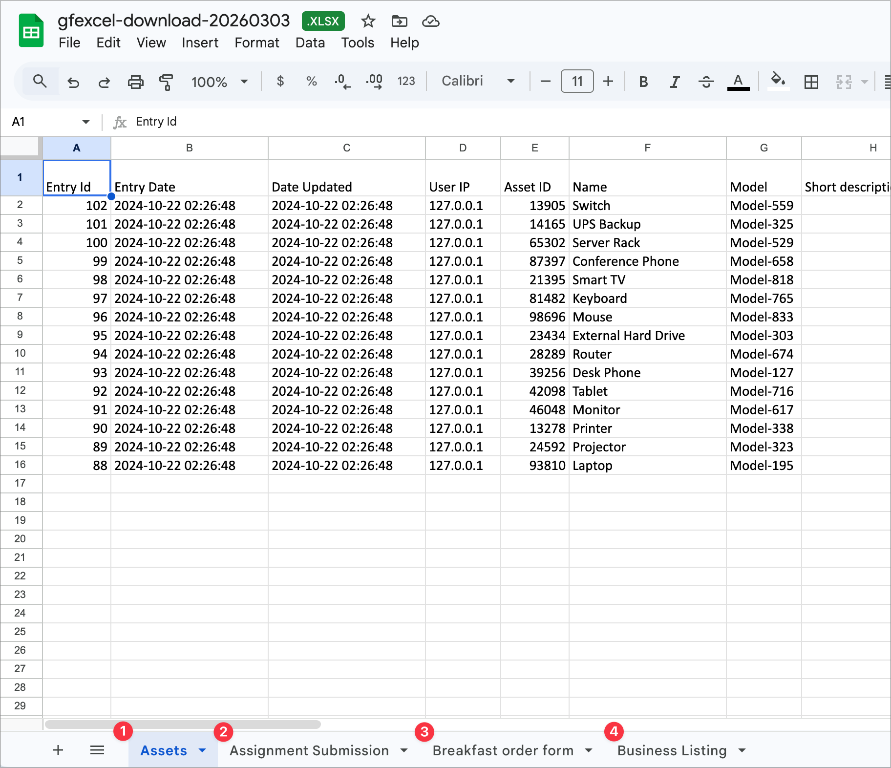 The exported Excel file open in a spreadsheet application, showing entries from the Assets form with four worksheet tabs visible at the bottom.