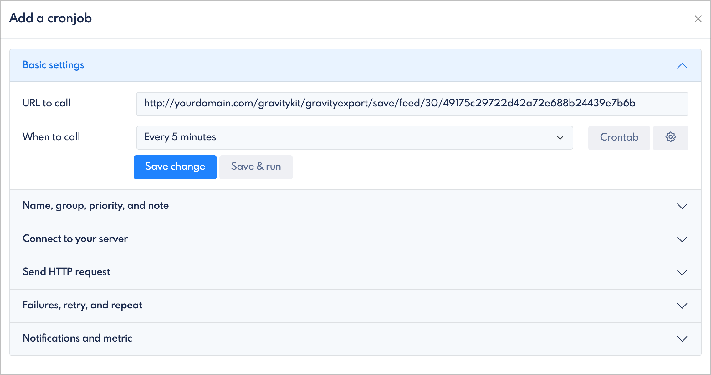 The FastCron new cron job form with fields for URL to call, schedule interval, and save button