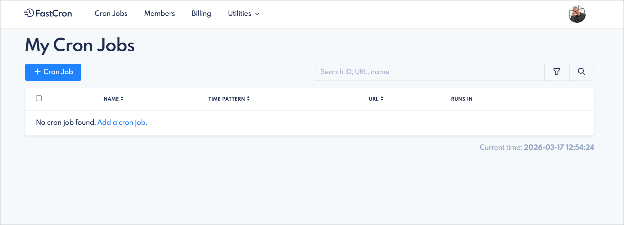 The FastCron dashboard showing the Cron Jobs list with the + Cron Job button to create a new scheduled task