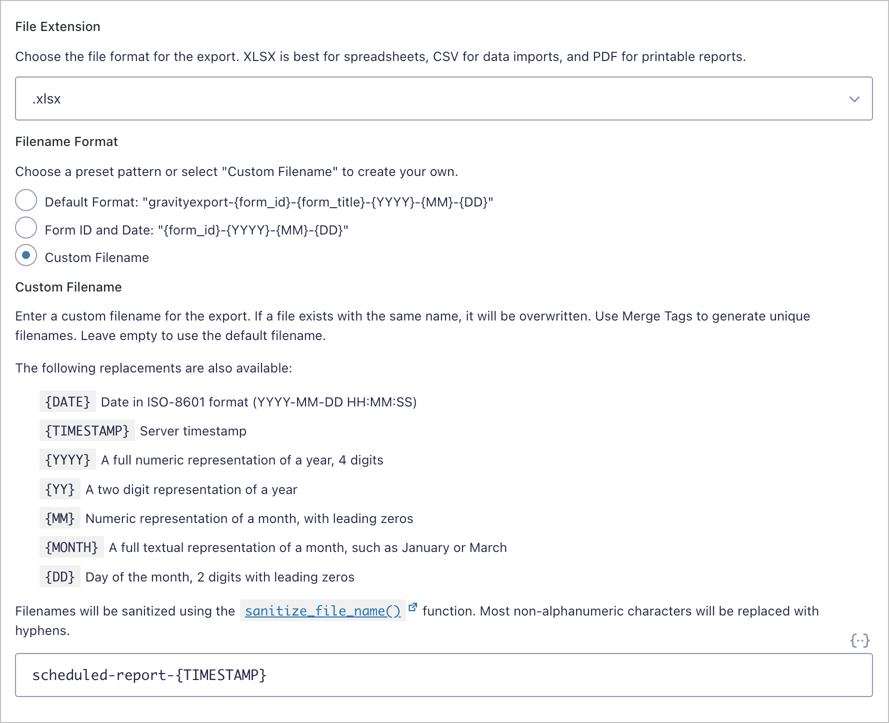 The File Settings tab showing file format dropdown and custom filename field with merge tags