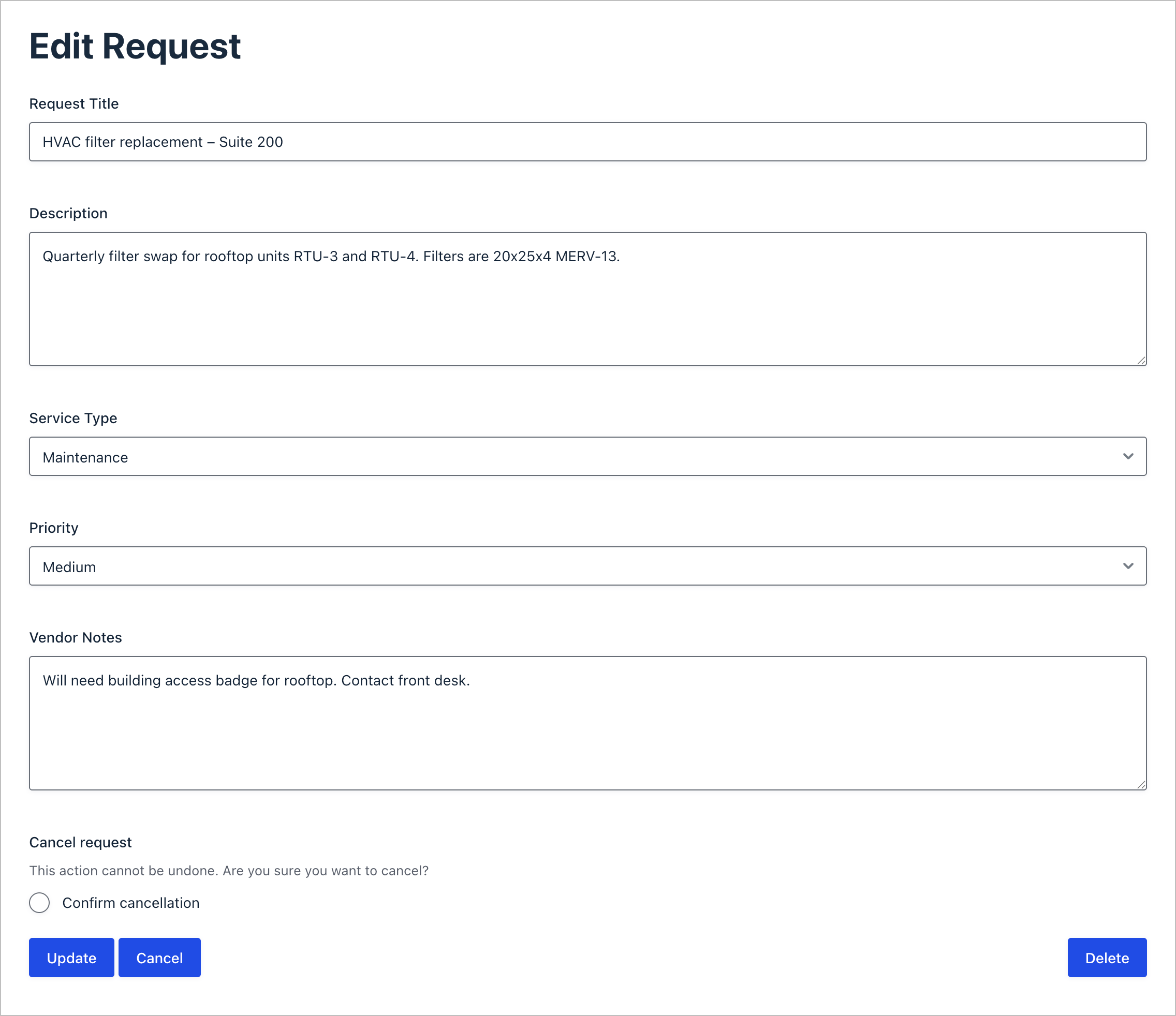 The front-end Edit Request form showing editable fields and a Cancel request option with a Confirm cancellation radio button