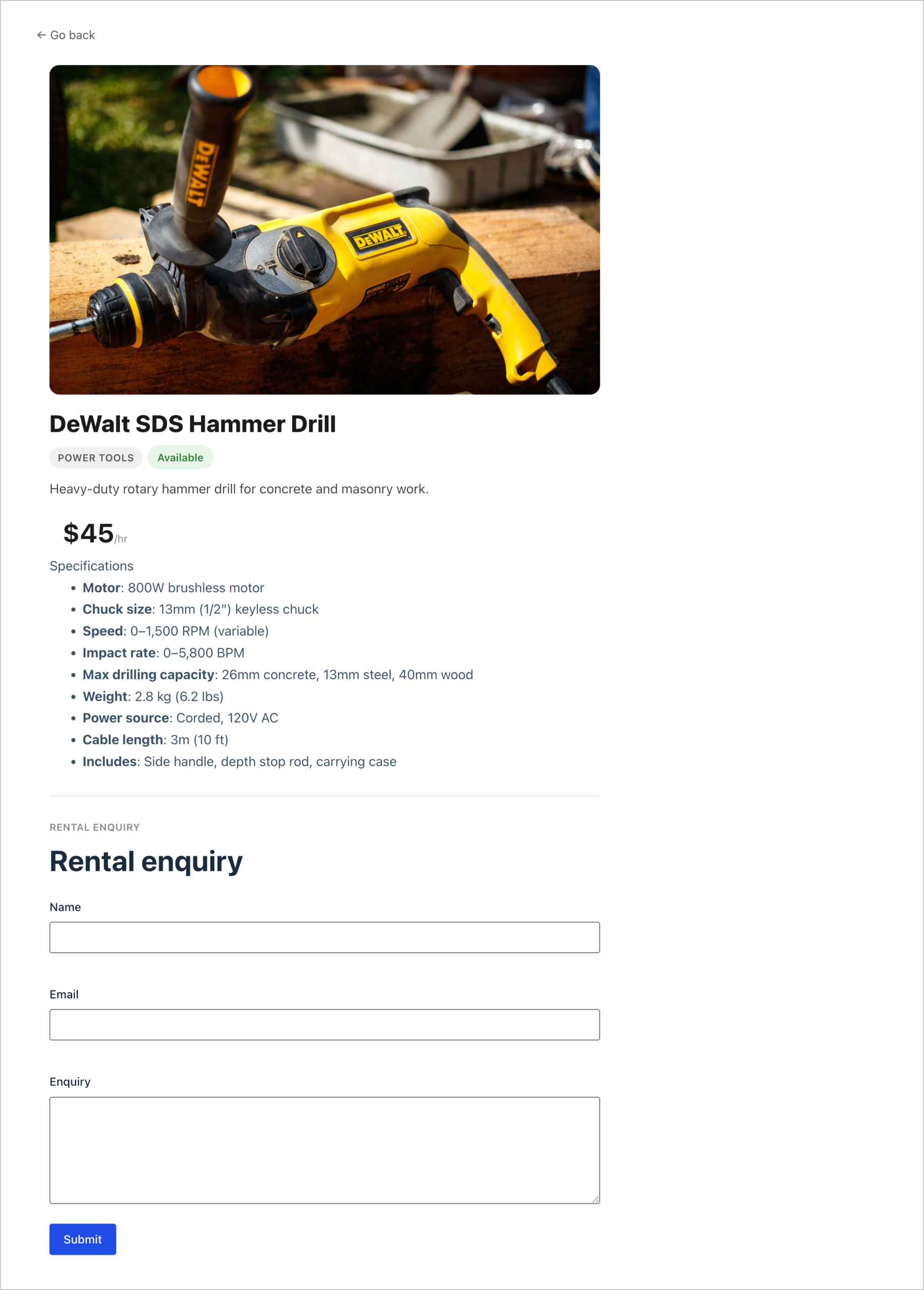 The front-end product detail page for the DeWalt SDS Hammer Drill showing the product image, category, availability status, description, price, specifications list, and an embedded rental enquiry form
