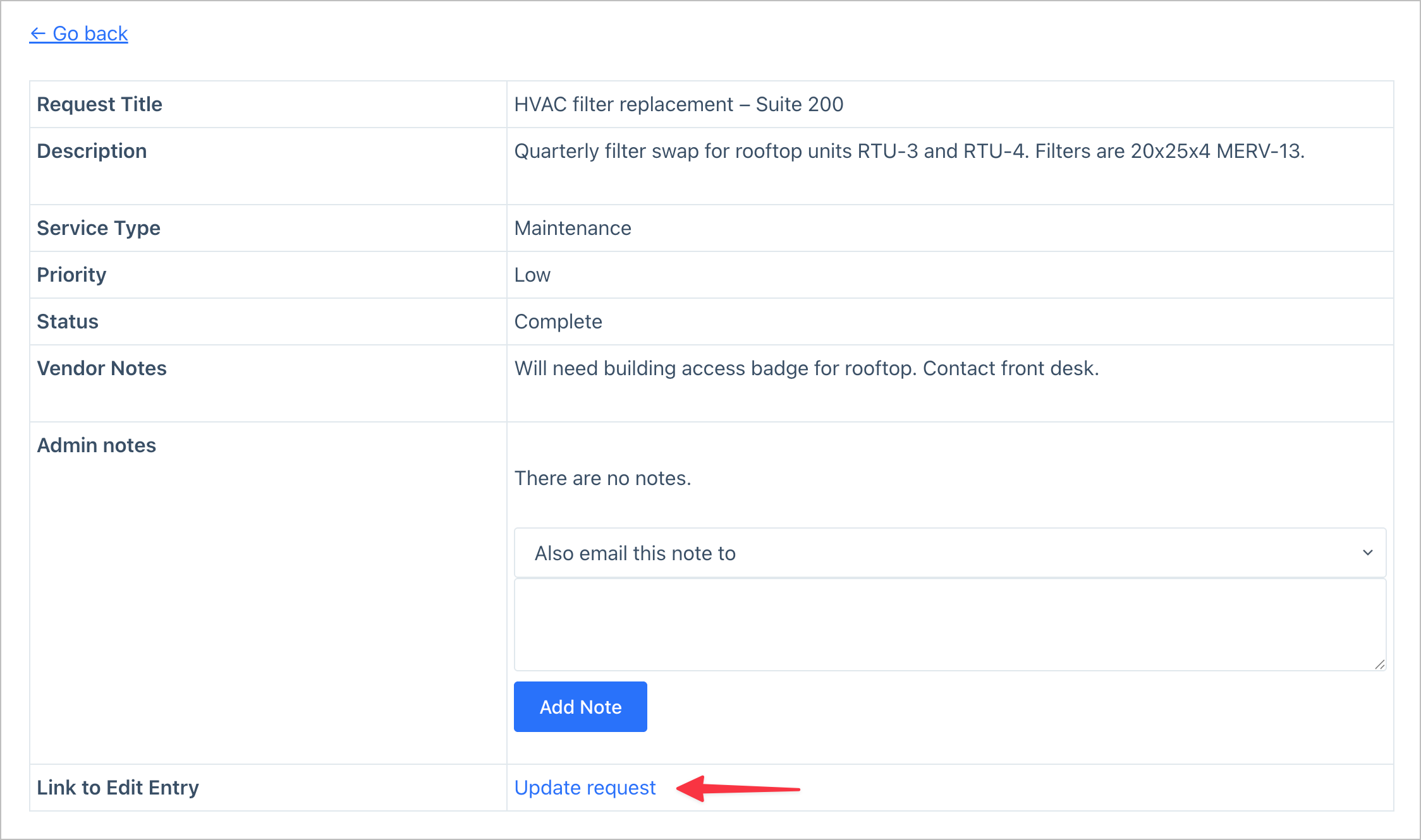 The front-end Single Entry page showing request details, admin notes section with an Add Note button, and an Update request link