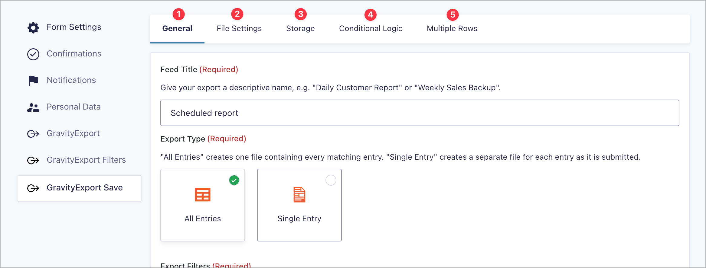 The General tab of a GravityExport Save feed showing the feed name, export type, and tab navigation
