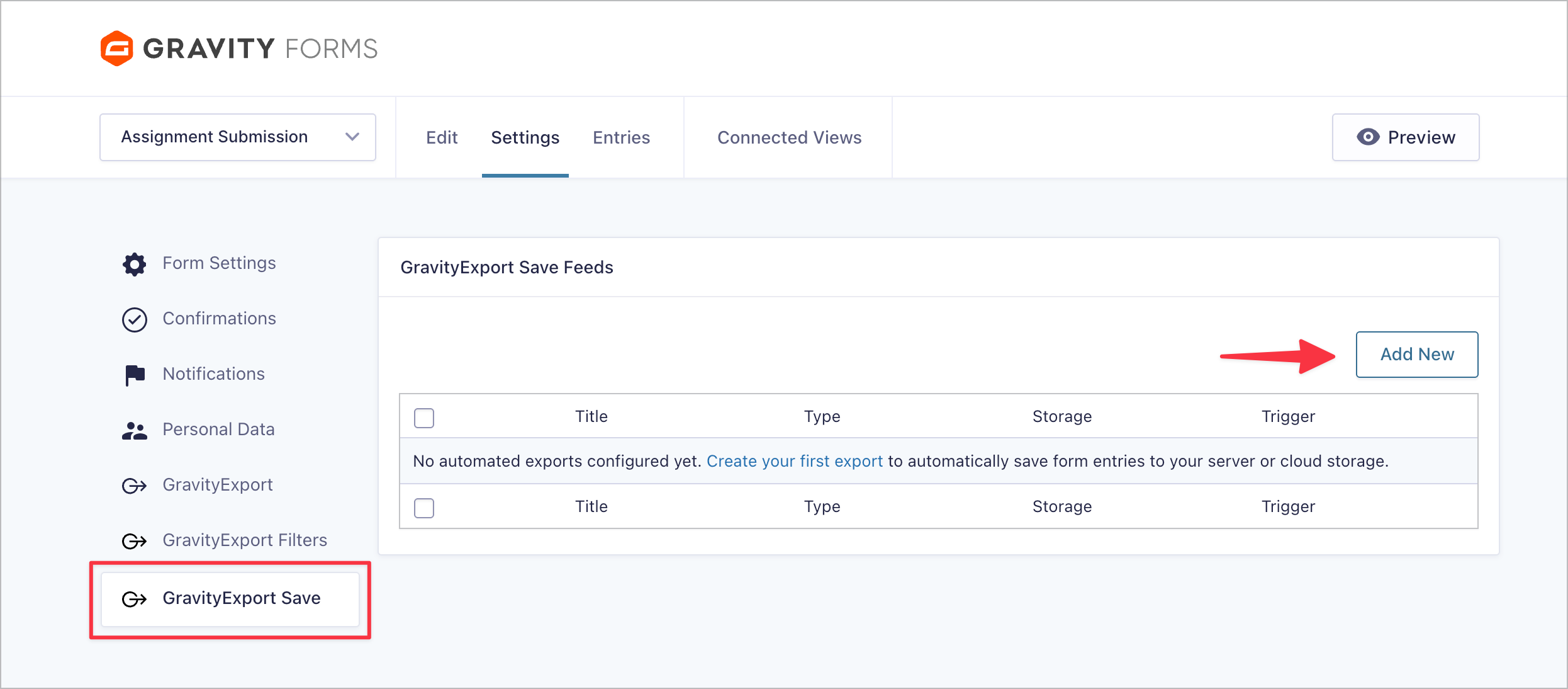 The GravityExport Save feeds list in the Gravity Forms settings, showing the Add New button for creating a new feed