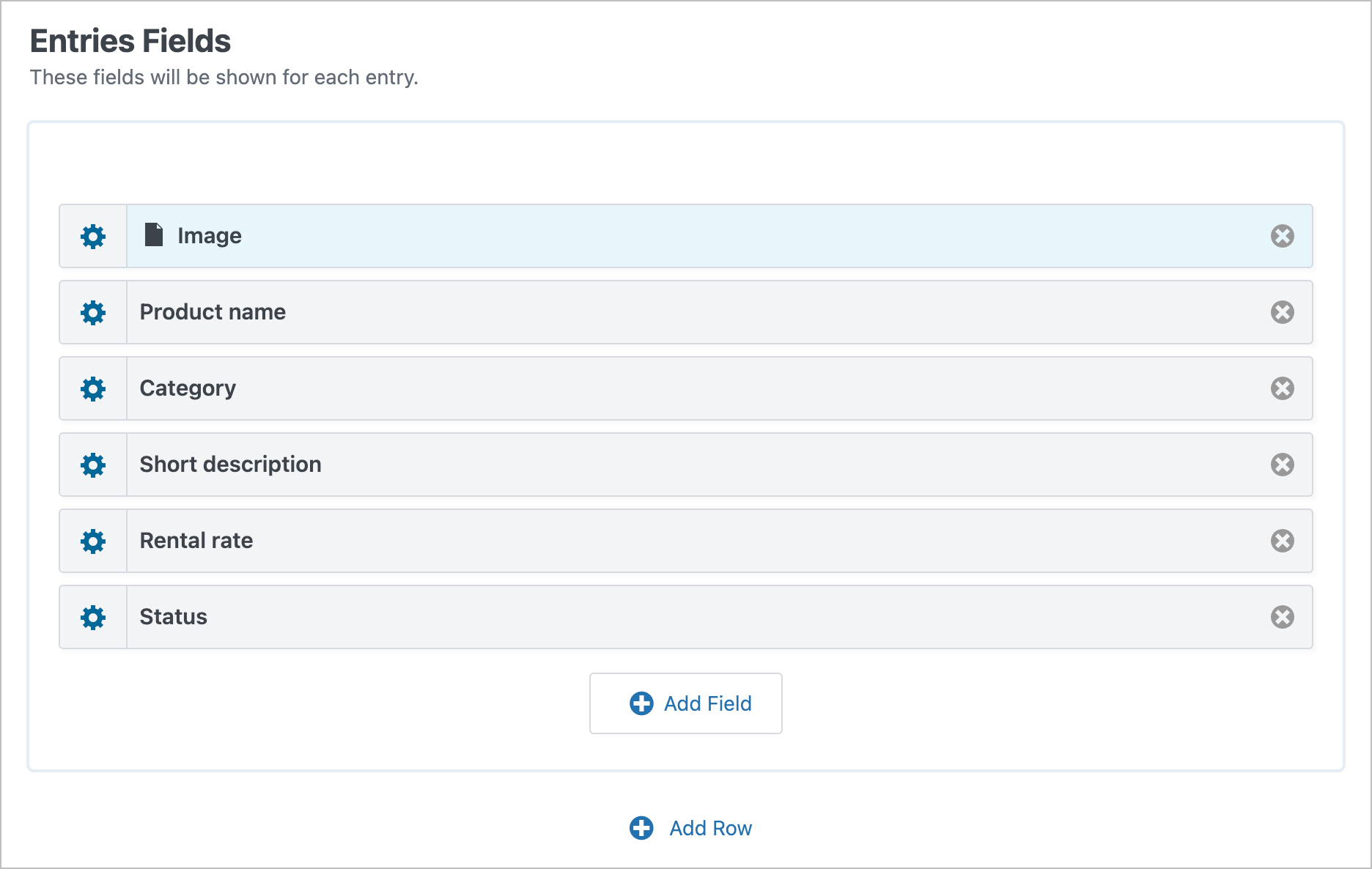 The GravityView Layout Builder showing the Entries Fields configuration with Image, Product name, Category, Short description, Rental rate, and Status fields