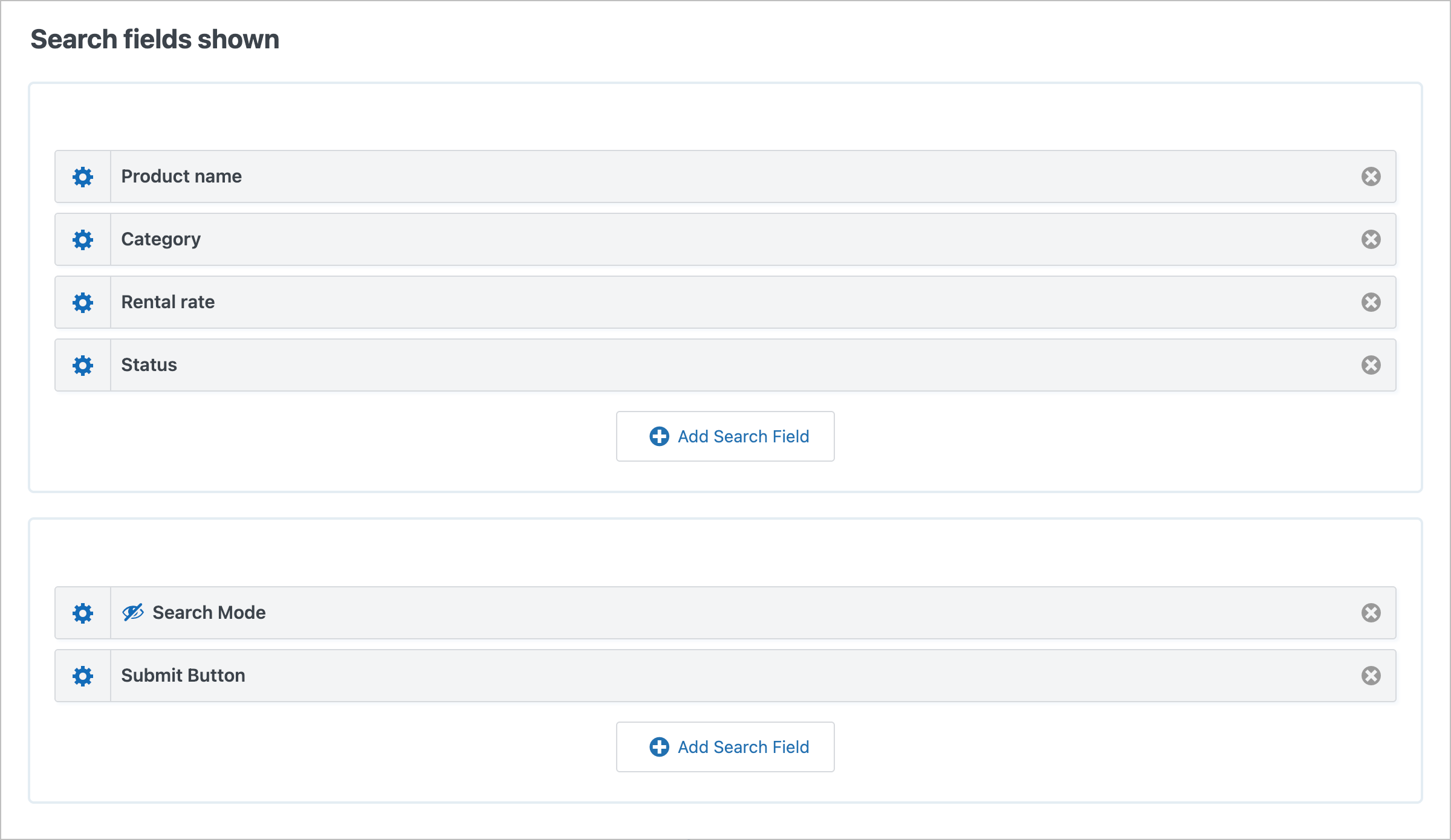 The GravityView Search Bar configuration showing search fields for Product name, Category, Rental rate, and Status, along with Search Mode and Submit Button options
