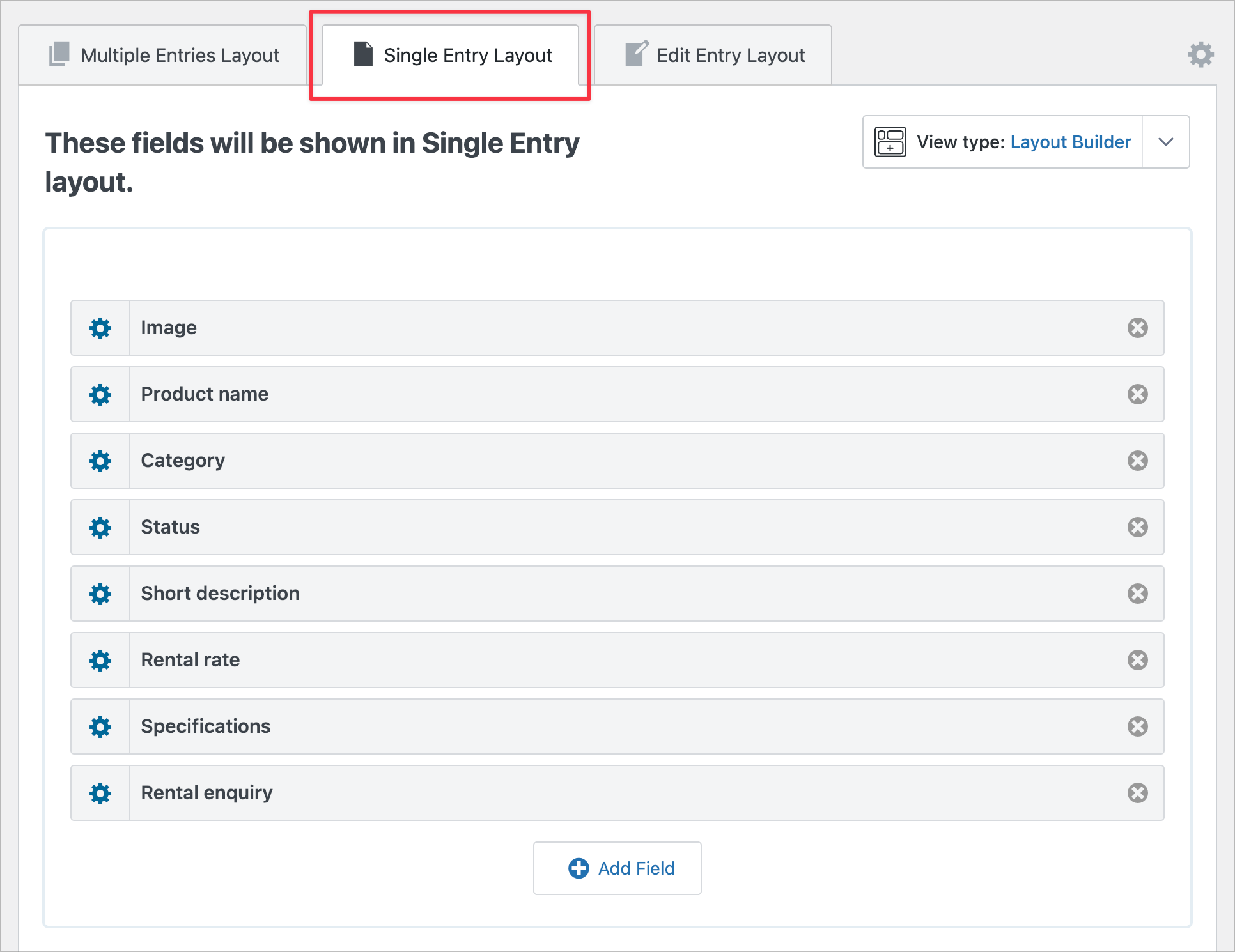 The GravityView Single Entry Layout tab showing fields for Image, Product name, Category, Status, Short description, Rental rate, Specifications, and Rental enquiry