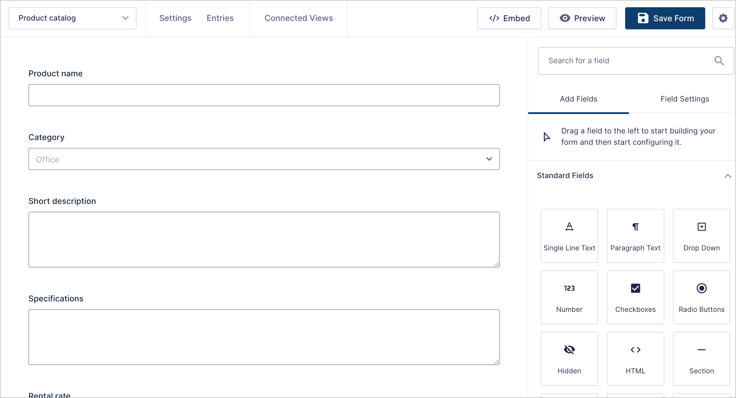 The Gravity Forms form editor showing the Product catalog form with fields for Product name, Category, Short description, Specifications, and Rental rate