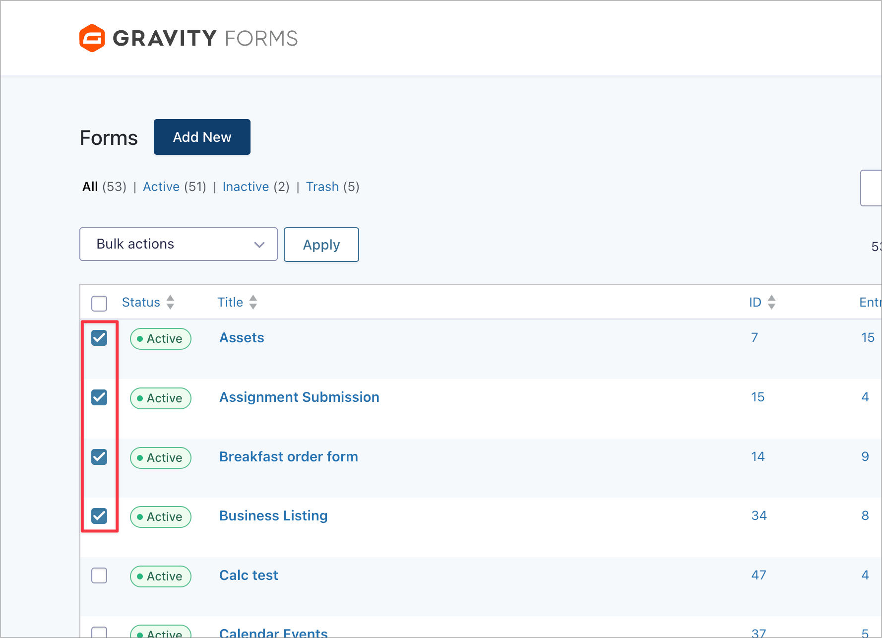 The Gravity Forms list page with four forms selected using the checkboxes on the left side.