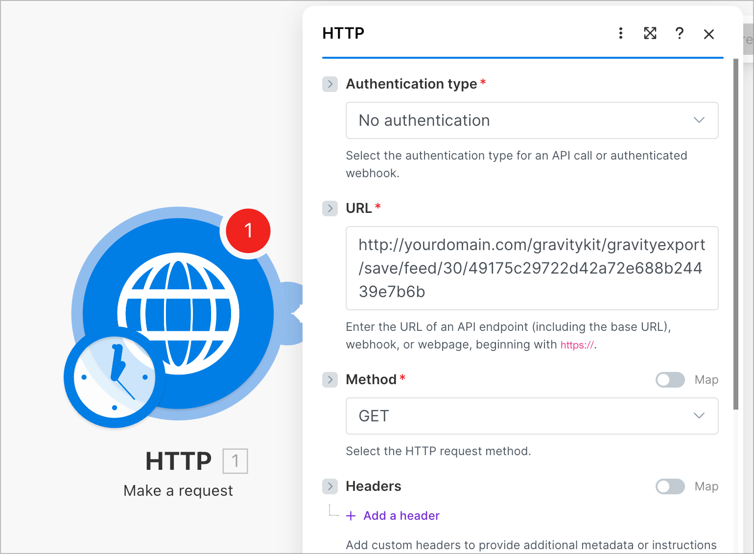The Make HTTP module configuration showing the URL field, GET method, and No authentication settings
