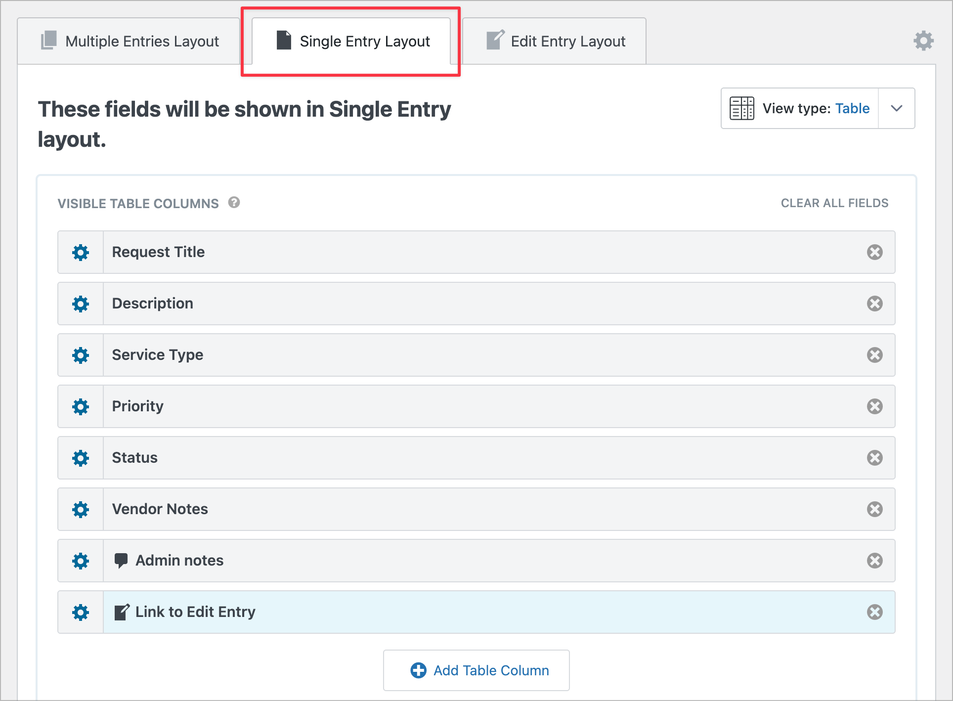 The Single Entry Layout showing all fields including Request Title, Description, Service Type, Priority, Status, Vendor Notes, Admin notes, and Link to Edit Entry