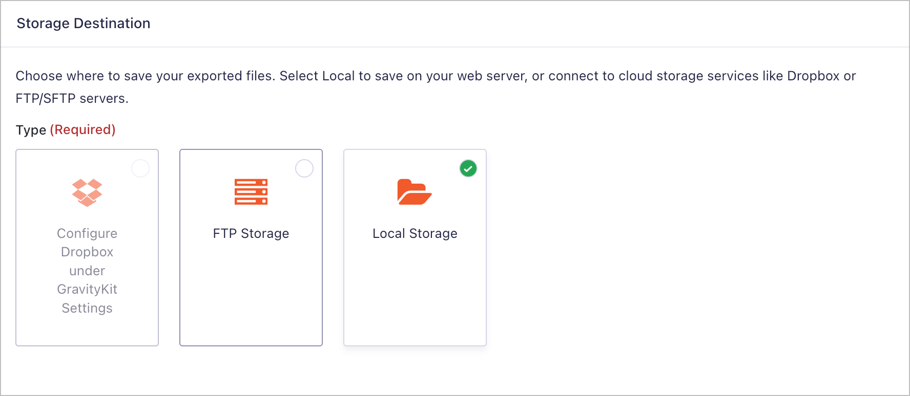 The Storage tab showing destination options including Local Storage, FTP Storage, and Dropbox