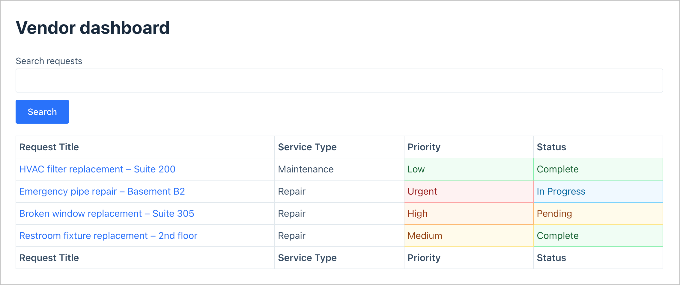 Vendor dashboard showing a filtered table with only the logged-in vendor's service requests and color-coded status labels