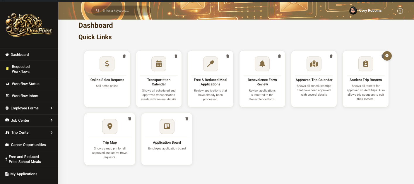 A WordPress dashboard for West Fork Schools' FlowPoint system, showing quick link cards for Online Sales Request, Transportation Calendar, Free & Reduced Meal Applications, Benevolence Form Review, Approved Trip Calendar, Student Trip Rosters, Trip Map, and Application Board, with a sidebar navigation for workflows, employee forms, job center, and trip center.