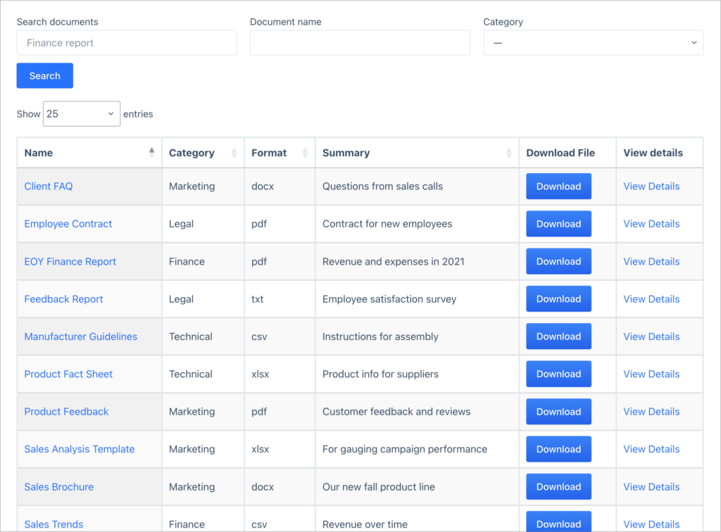 A searchable document library built with GravityView, showing a table with columns for Name, Category, Format, Summary, Download File, and View Details. A search bar and category filter appear above the table, with documents like Client FAQ, Employee Contract, and EOY Finance Report listed with download buttons.