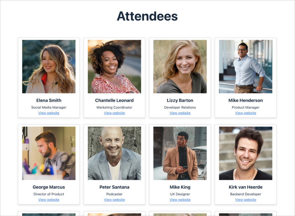 An attendees directory built with GravityView, displaying profile photos in a grid layout with names, descriptions, and "View details" links for eight people.