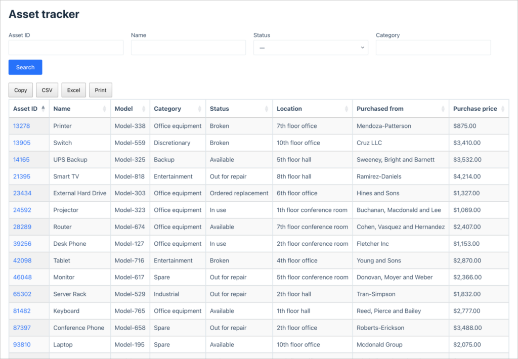 An asset tracker built with GravityView's DataTables layout, featuring search filters for Asset ID, Name, Status, and Category. The sortable table displays 15 items with columns for Asset ID, Name, Model, Category, Status, Location, Purchased From, and Purchase Price, with Copy, CSV, Excel, and Print export buttons.