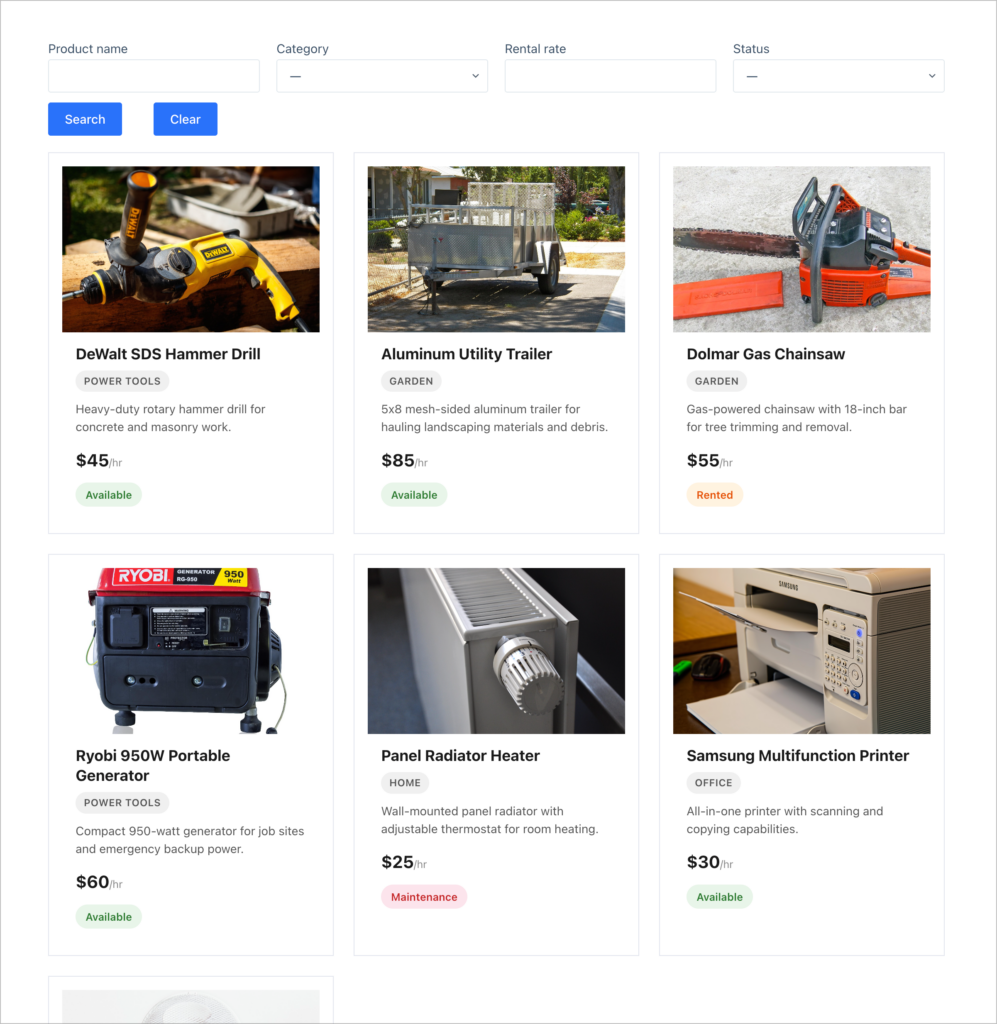 An equipment rental catalog built with GravityView, displaying items as cards in a three-column grid with search filters for Product Name, Category, Rental Rate, and Status. Each card shows a photo, product name, category tag, description, hourly price, and availability status (Available, Rented, or Maintenance).
