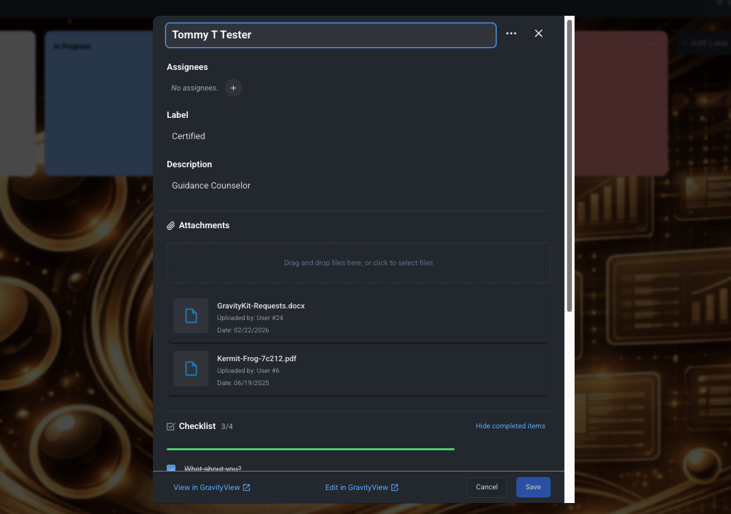 A GravityBoard card detail modal for 'Tommy T Tester,' showing assignees, a 'Certified' label, 'Guidance Counselor' description, two file attachments, and a checklist with progress bar. Footer links to 'View in GravityView' and 'Edit in GravityView' with Cancel and Save buttons.