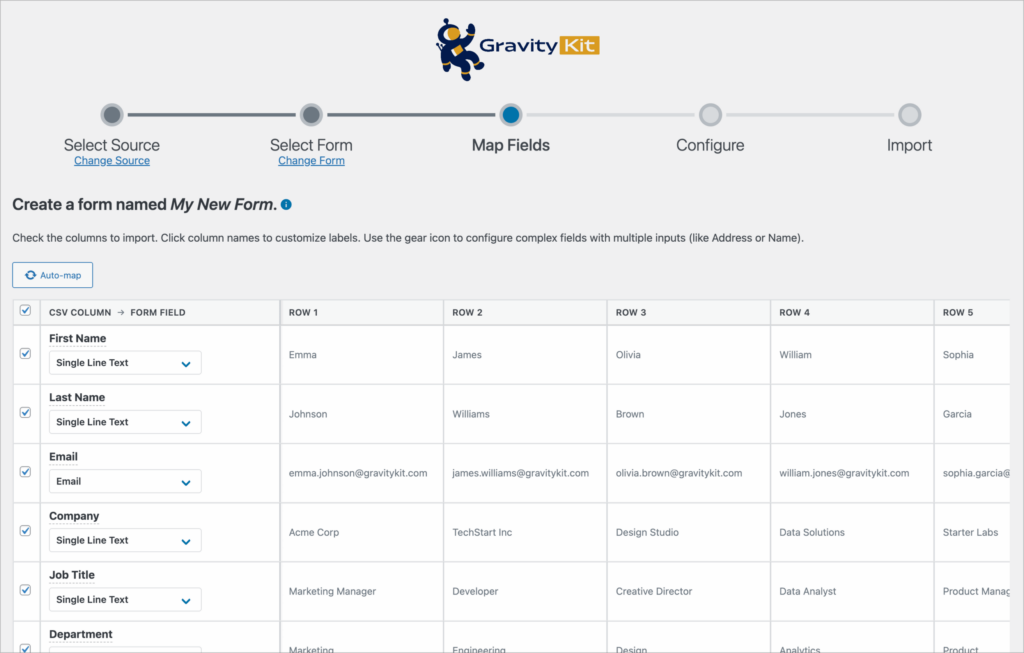 GravityKit Import step 3 (Map Fields) showing CSV columns mapped to Gravity Forms field types, with a preview of 5 rows of sample data including First Name, Last Name, Email, Company, and Job Title