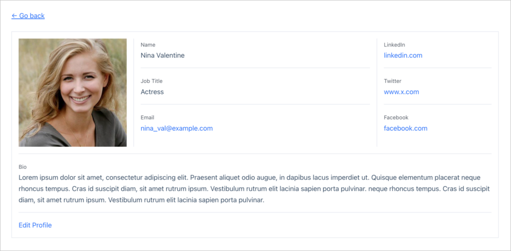 GravityView single entry profile page for Nina Valentine showing a profile photo, name, job title (Actress), email address, social media links for LinkedIn, Twitter, and Facebook, a bio section, and an 'Edit Profile' link