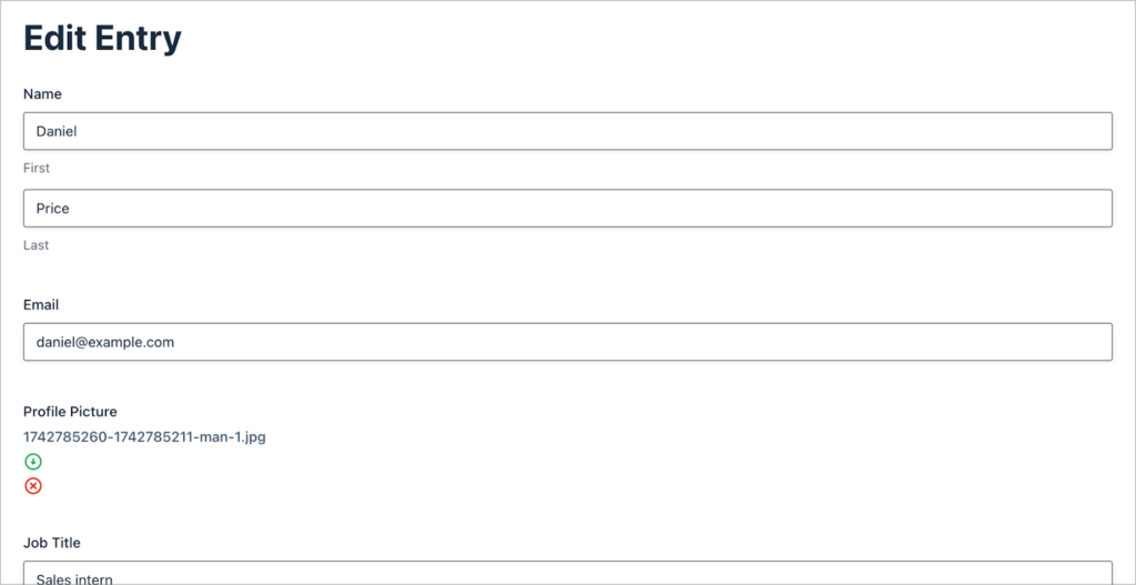 GravityView Edit Entry form on the frontend showing editable fields for Name (Daniel Price), Email (daniel@example.com), Profile Picture with an uploaded image file and add/remove buttons, and Job Title (Sales intern)