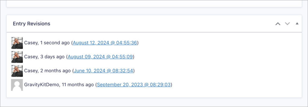 Gravity Forms Entry Revisions panel showing four revision entries by users Casey and GravityKitDemo, with timestamps ranging from September 2023 to August 2024, each linking to the full revision details