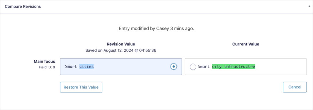Gravity Forms Compare Revisions panel showing a side-by-side diff of a 'Main focus' field, comparing the revision value 'Smart cities' with the current value 'Smart city infrastructre', with a 'Restore This Value' button to revert to the previous version