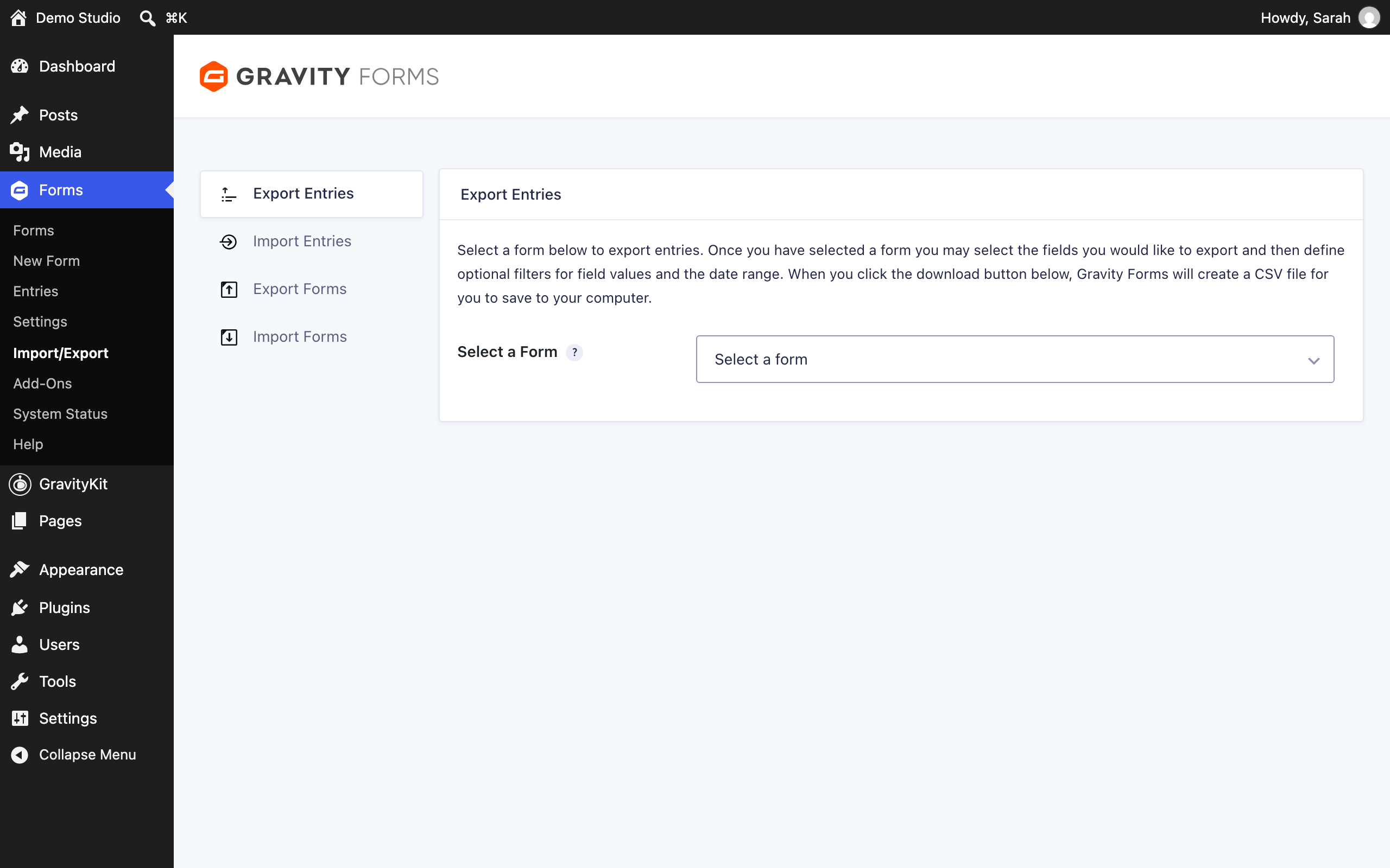 The Gravity Forms Import/Export page in the WordPress admin. The Forms menu is active in the left sidebar, and the page shows four tabs: Export Entries, Import Entries, Export Forms, and Import Forms, with Export Entries currently selected.