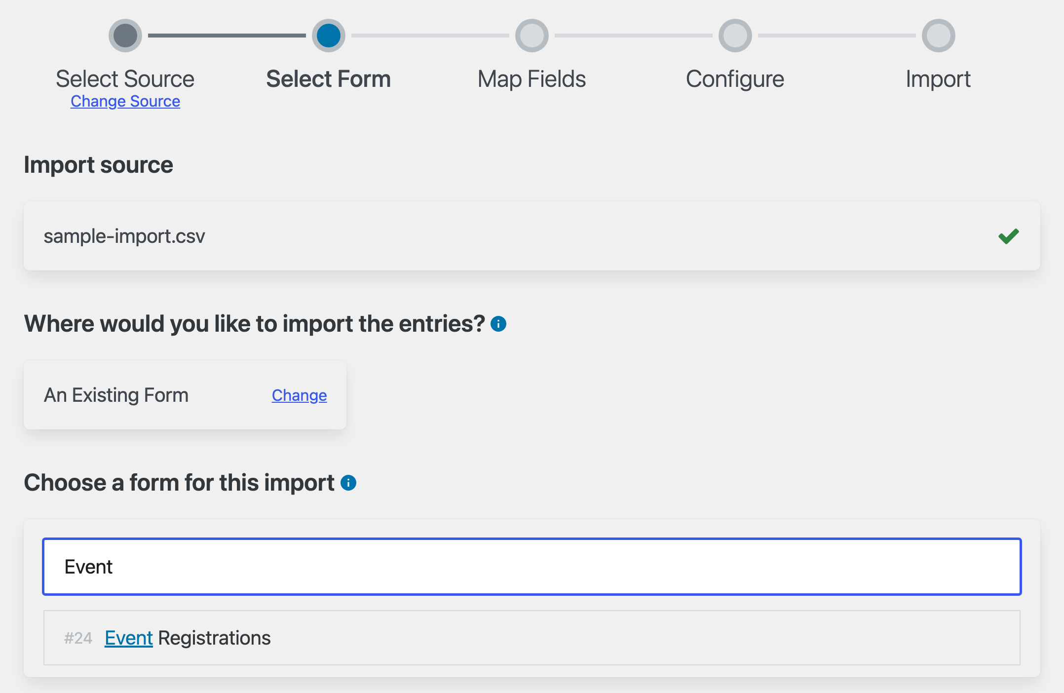 Choosing a form for the import. "An Existing Form" is selected, and typing "Event" in the search box filters the form list to show form #24, Event Registrations.