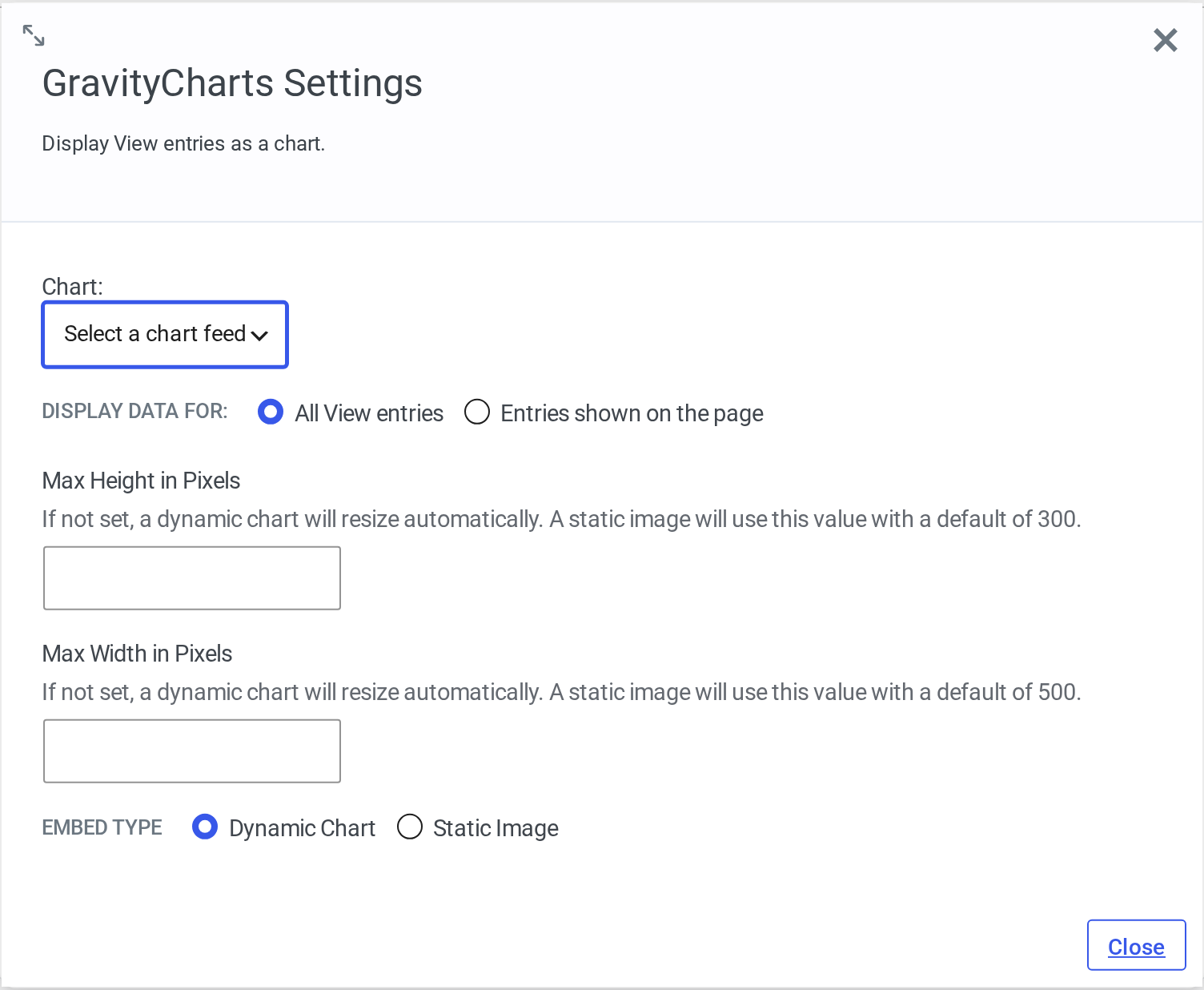 GravityCharts widget settings in GravityView showing Chart, Display data for, Max Height, Max Width and Embed Type (Dynamic Chart / Static Image)