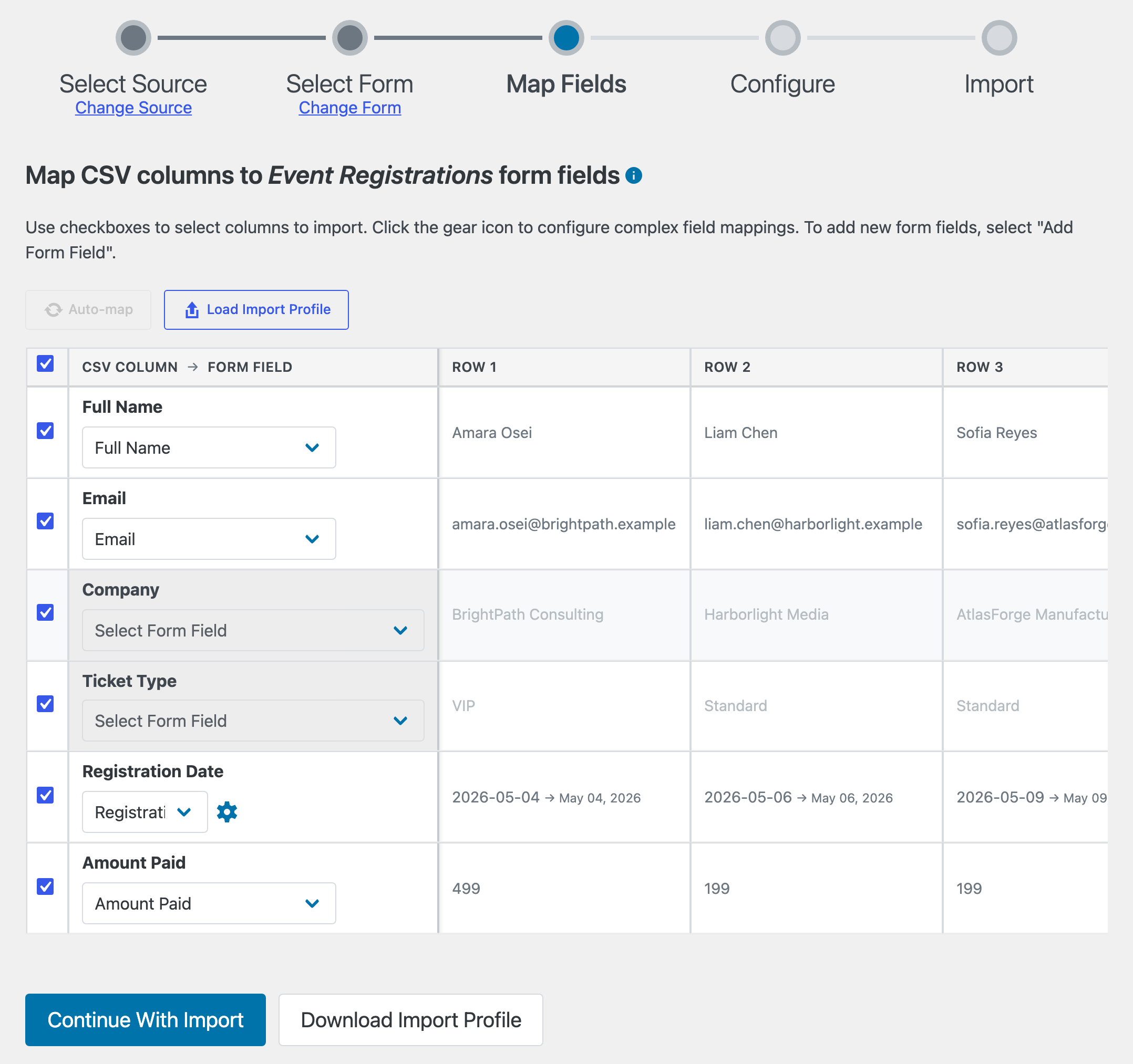 The Map Fields stage showing the mapping table for the Event Registrations form. Full Name, Email, Registration Date, and Amount Paid are already matched to form fields. Company and Ticket Type still show "Select Form Field" dropdowns. Above the table are Auto-map and Load Import Profile buttons; each row shows preview values from the first three CSV rows.