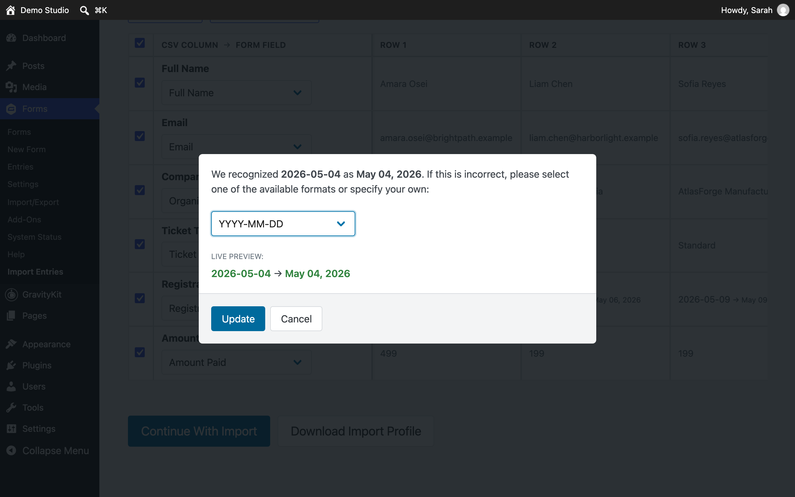 The date format dialog over a dimmed mapping table. It reads "We recognized 2026-05-04 as May 04, 2026" with a format dropdown set to YYYY-MM-DD, a live preview showing "2026-05-04 → May 04, 2026", and Update and Cancel buttons.