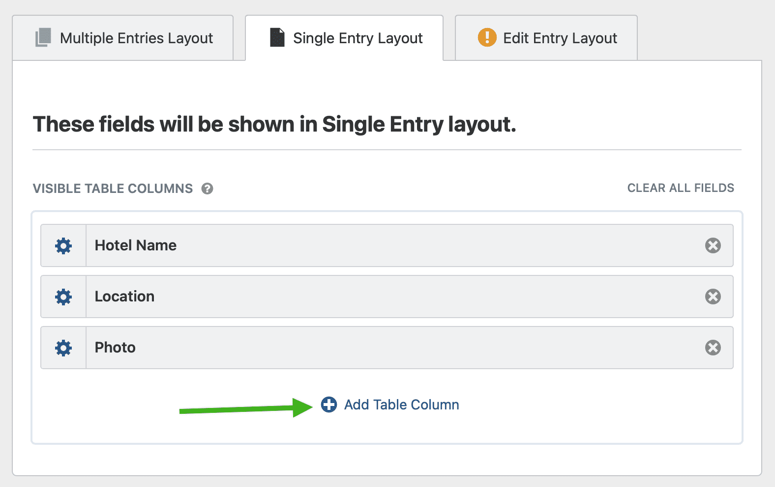 Clicking the Add Field button for a Single Entry View