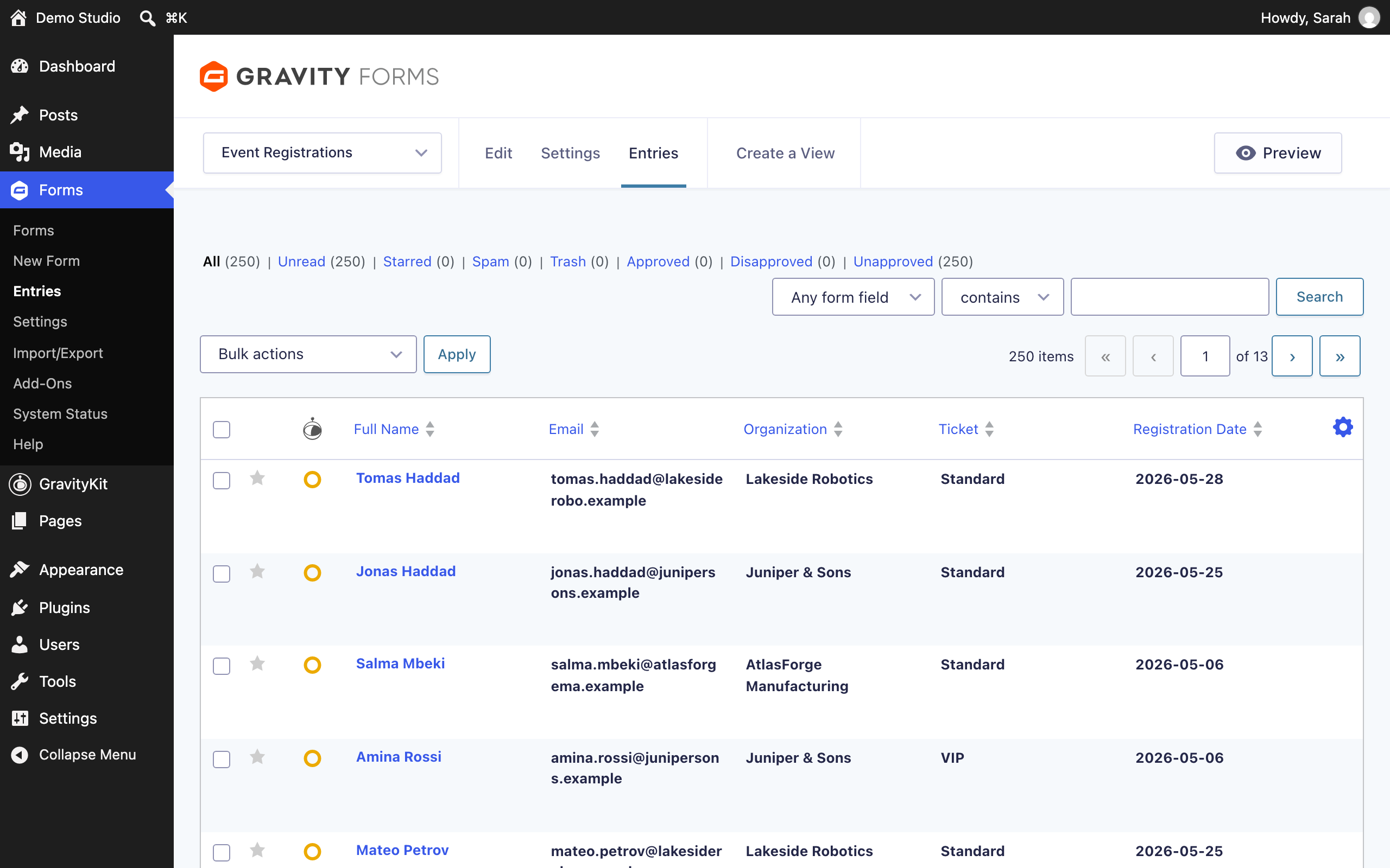 The Gravity Forms Entries screen for the Event Registrations form showing 250 imported entries with columns for Full Name, Email, Organization, Ticket, and Registration Date.