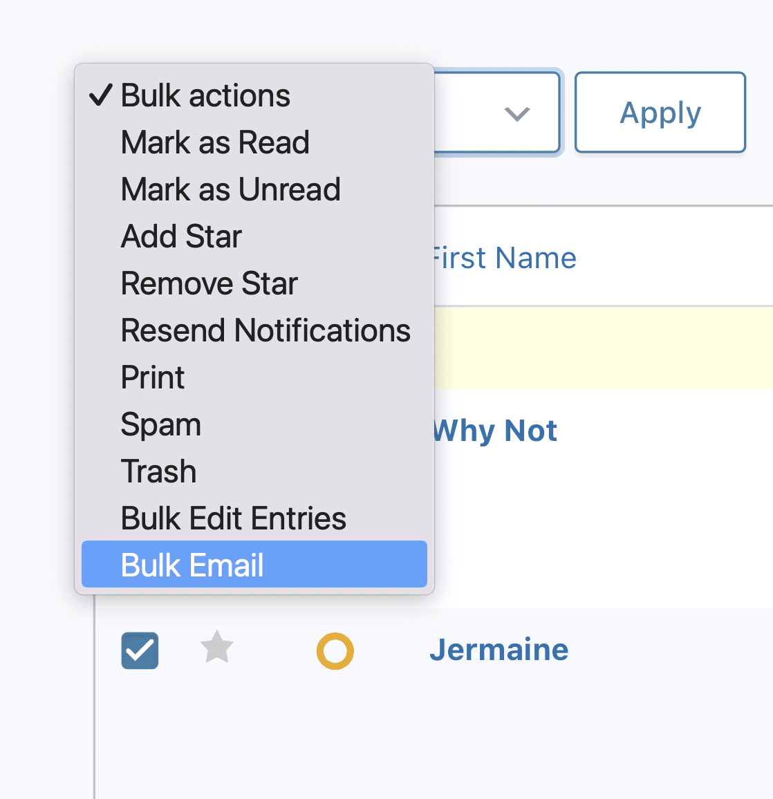 The Bulk Email option from the Gravity Forms Bulk Actions dropdown