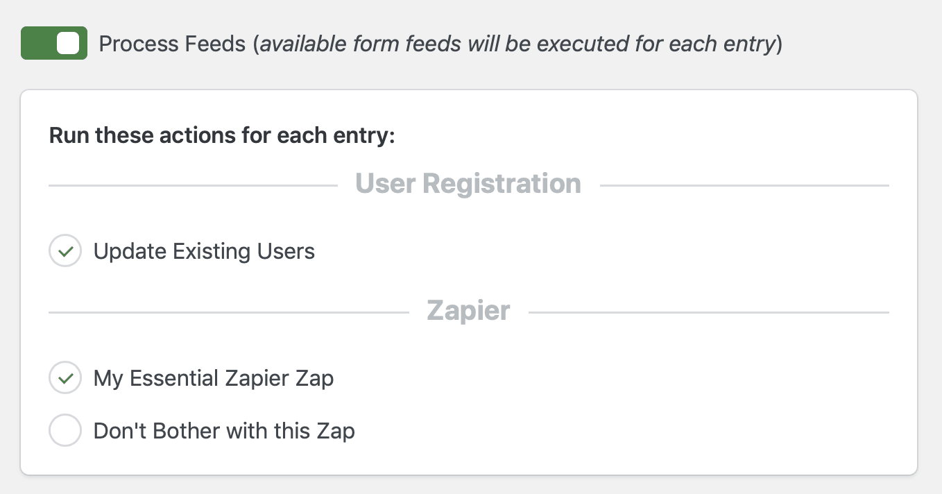 "Process Feeds" setting on the Configure screen is checked. There are two feed providers shown, with multiple checkboxes that allow the user to select which feed to process when importing entries.