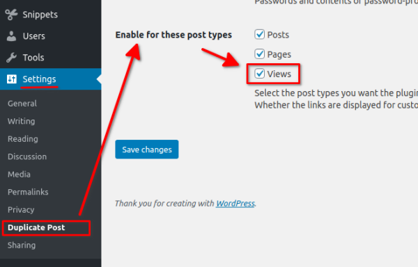Yoast Duplicate Post settings showing gravityview post type enabled
