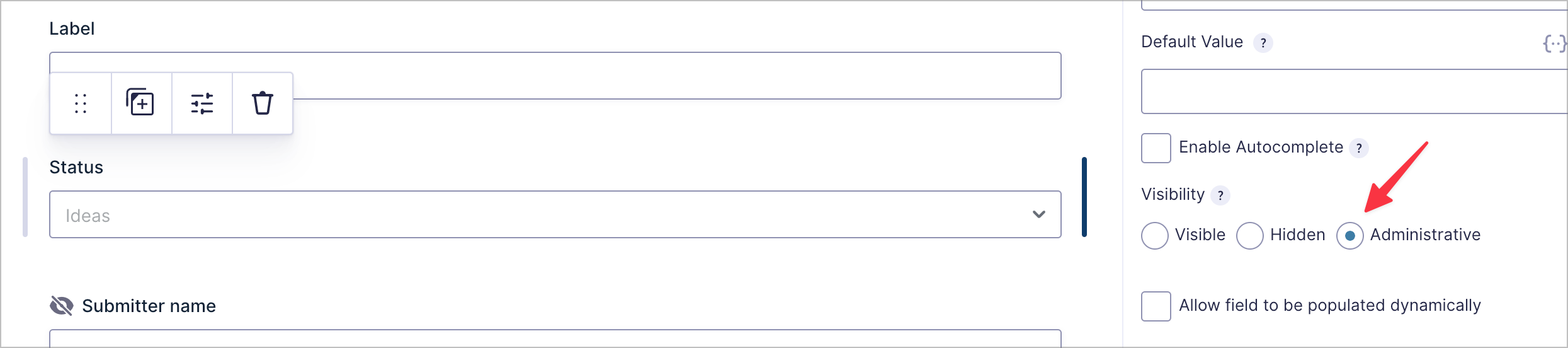 Status field settings panel with the Visibility option set to Administrative, indicated by a red arrow