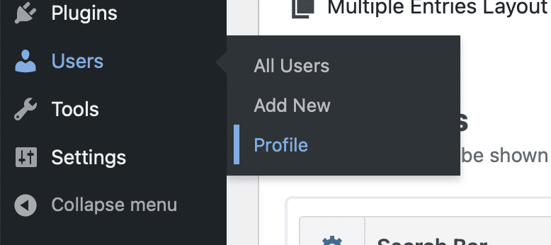Screenshot of the Users menu with the