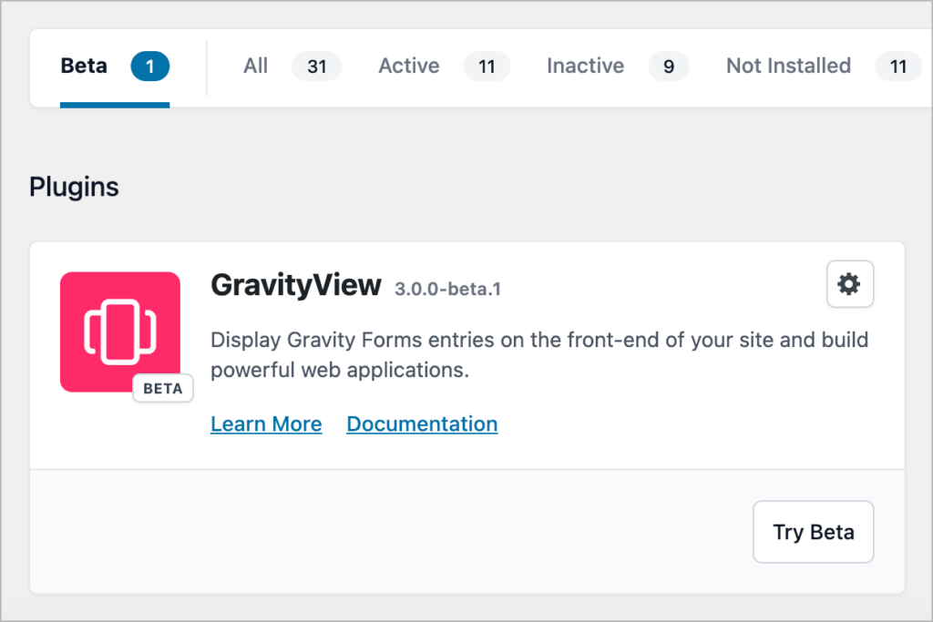 The GravityKit Manage Your Kit screen showing the GravityView 3.0.0-beta.1 release with a button that reads 'Try Beta'.
