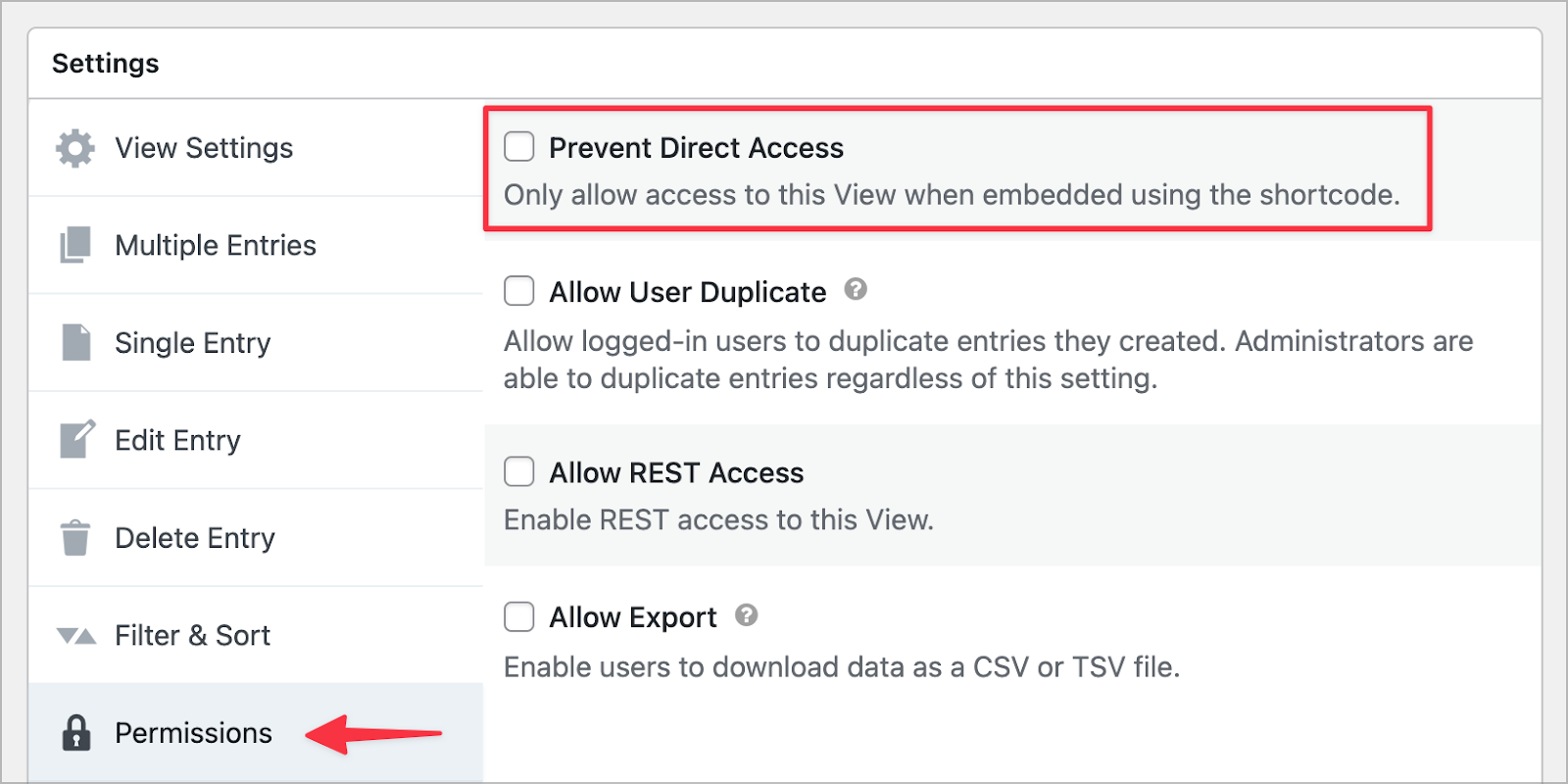 A checkbox labeled 'Prevent Direct Access' under the GravityView 'Permissions' settings
