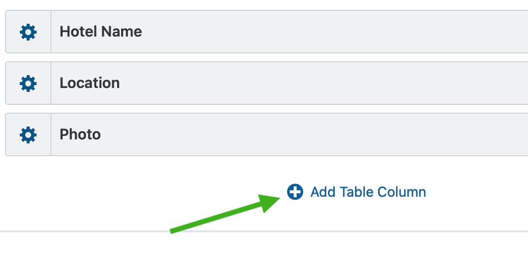 An arrow pointing to the Add table Column button in the View editor