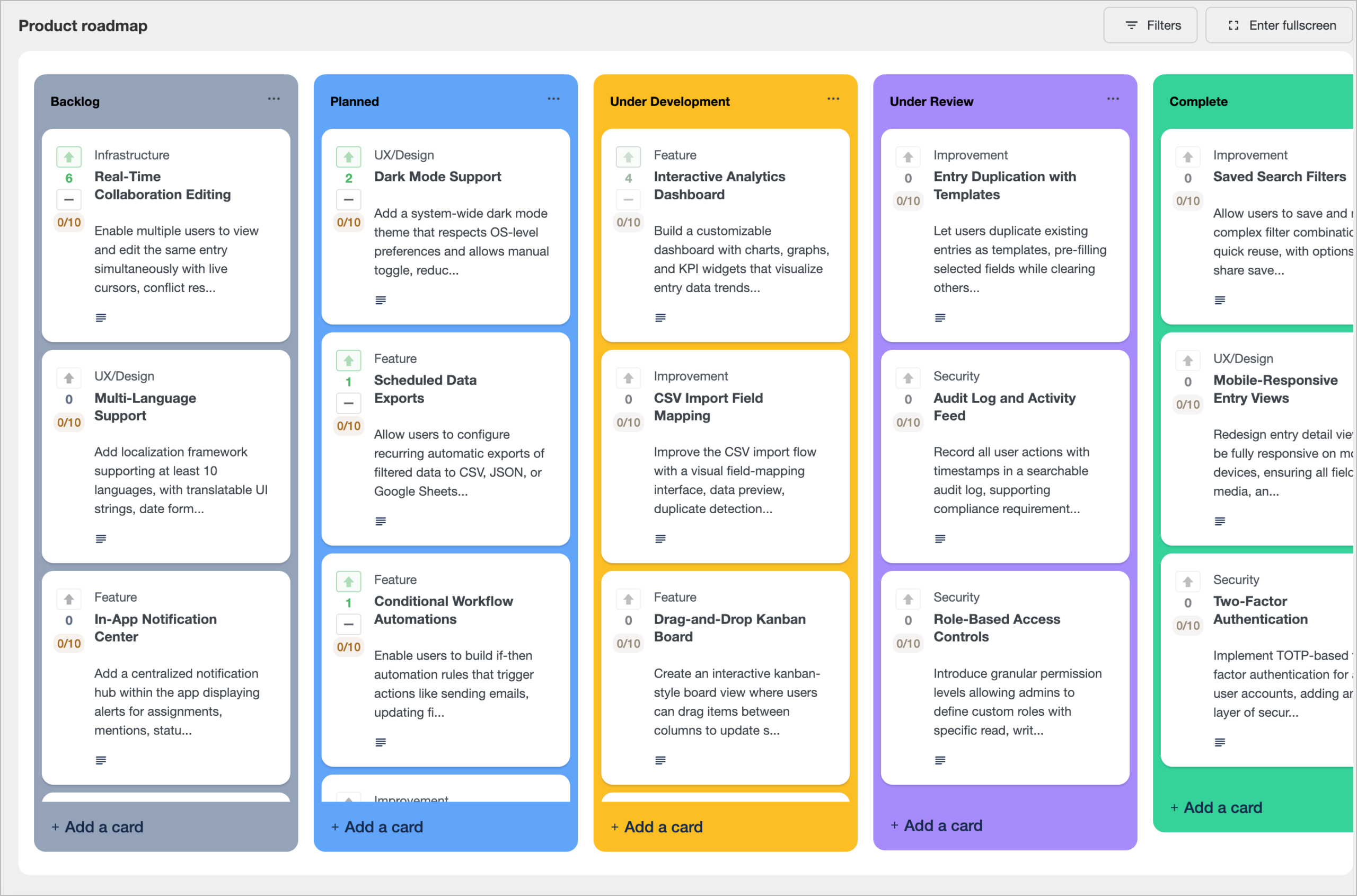 Finished GravityBoard kanban with lanes for Backlog, Planned, Under Development, Under Review, and Complete, each populated with feature-request cards