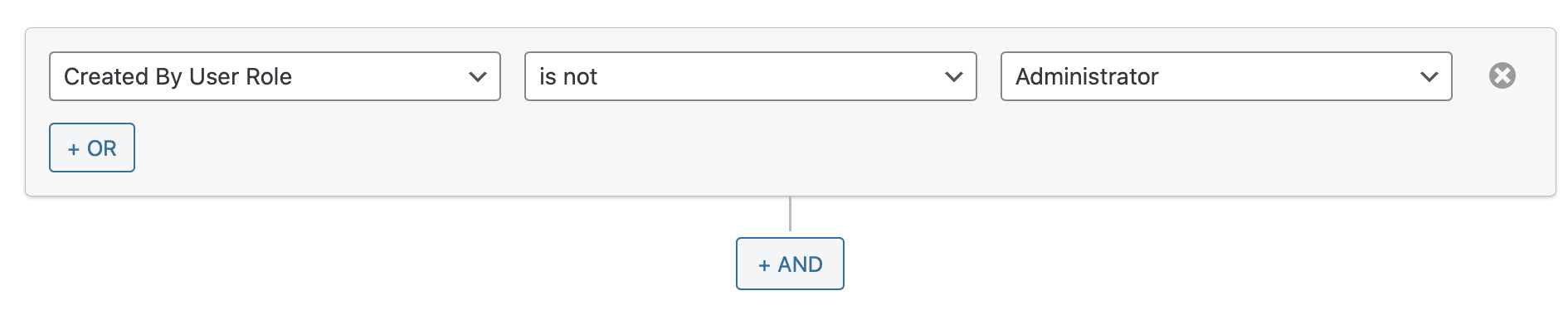 Filter configured to hide all entries created by administrators by setting the filter value to 'Created By User Role' 'is not' 'Administrator'