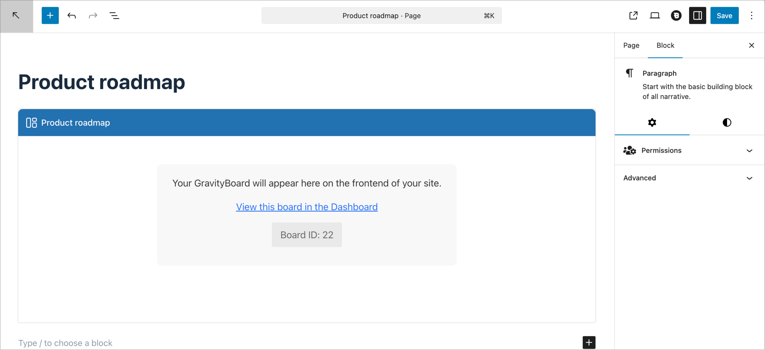 WordPress block editor with a GravityBoard block inserted into a page titled "Product roadmap," showing the board ID placeholder