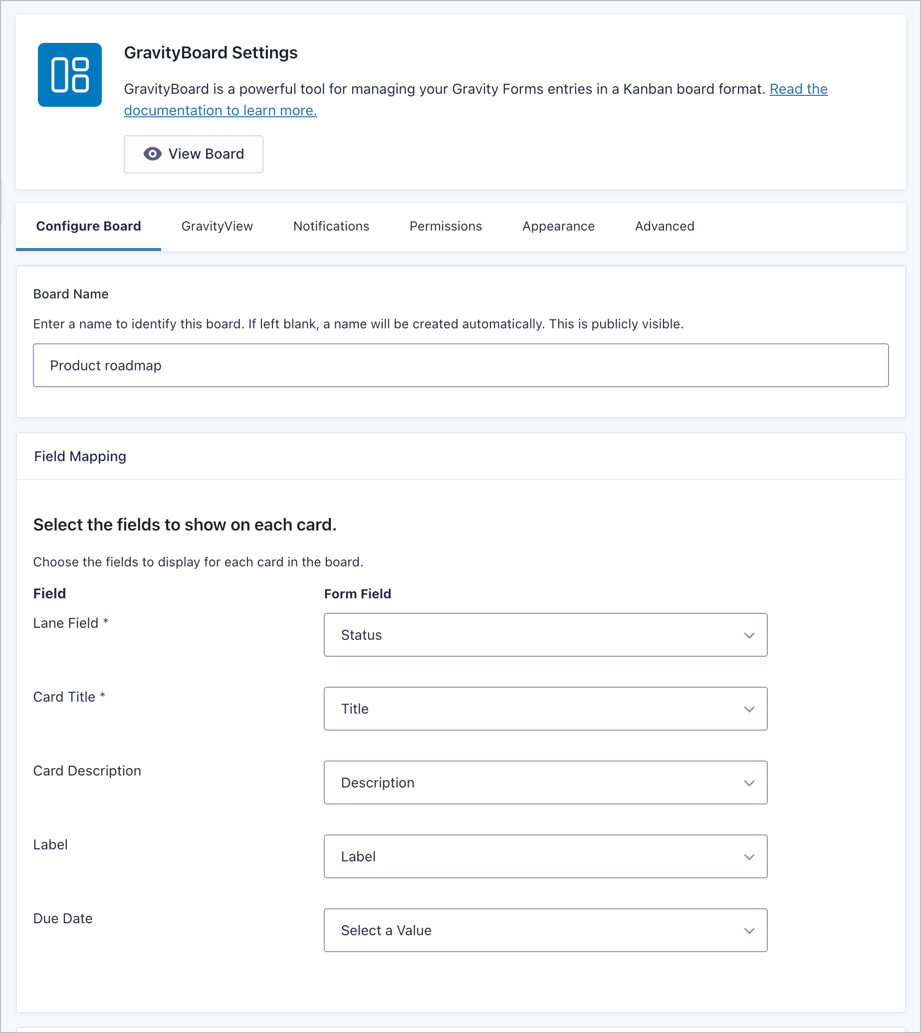 GravityBoard Settings panel showing field mapping with Lane Field set to Status, Card Title to Title, Card Description to Description, and Label to Label